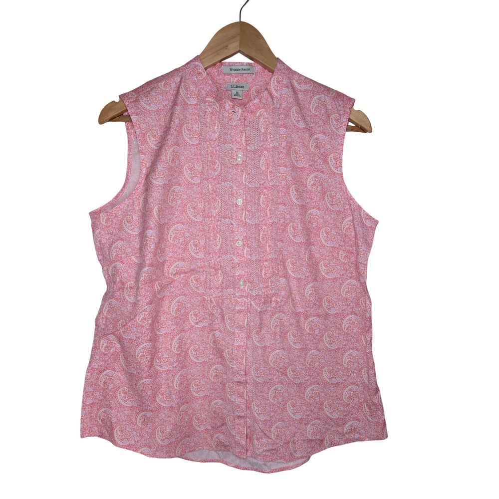 LL Bean Wrinkle Resist Sleeveless Button Down Womens M Pink Paisley Pintuck